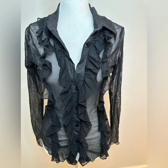 Zebra Sheer Vintage Ruffled Mesh Buttoned Blouse - Picture 4 of 12